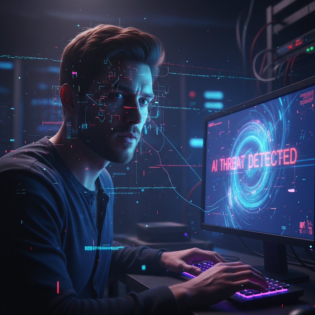 Mężczyzna przy komputerze z efektem cyfrowego rozbicia twarzy, deepfake, zagrożenia AI