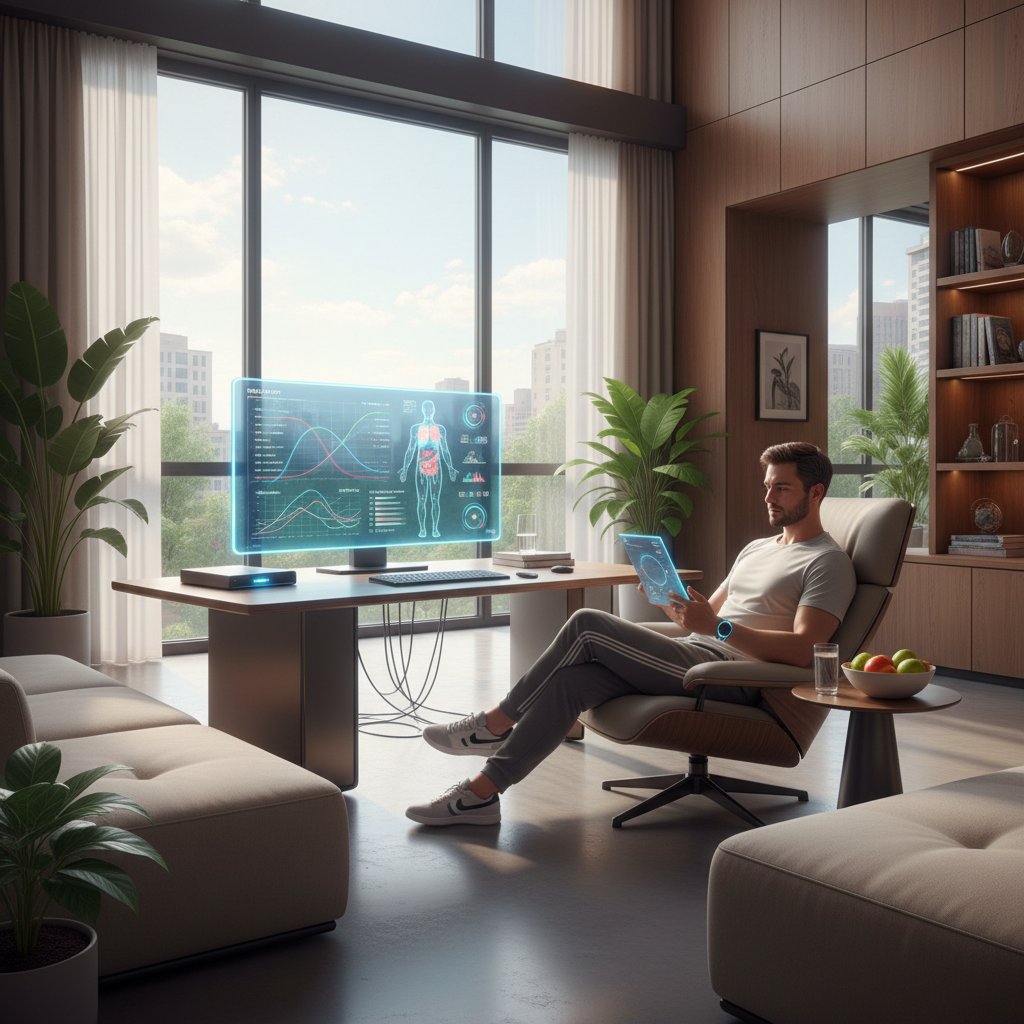 Mężczyzna przy komputerze analizujący wyniki zdrowotne online, nowoczesne wnętrze, skupienie na ekranie