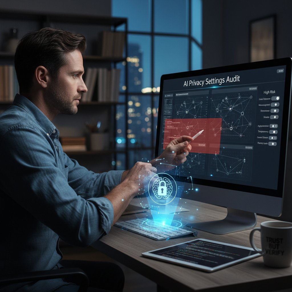 Mężczyzna przy komputerze, przeglądający ustawienia prywatności