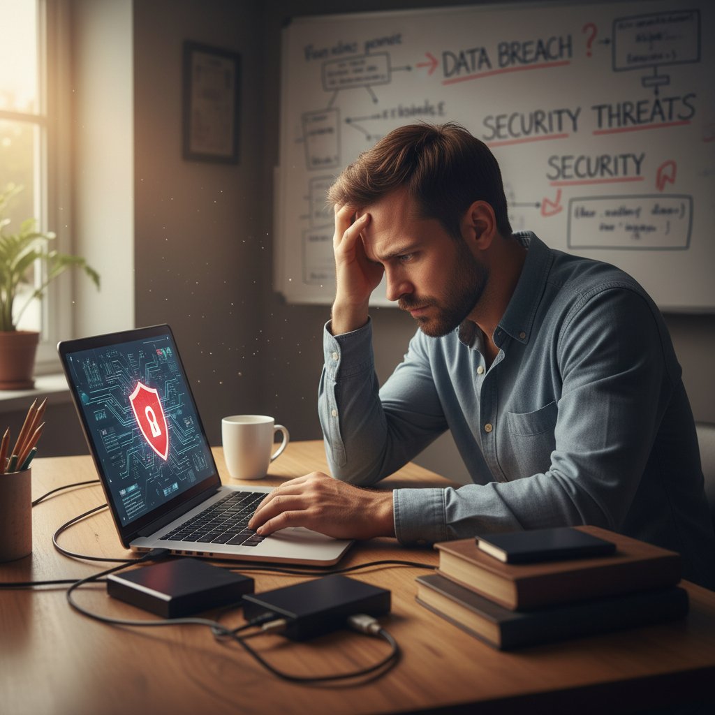 Mężczyzna zaniepokojony bezpieczeństwem danych korzystający z laptopa w domu