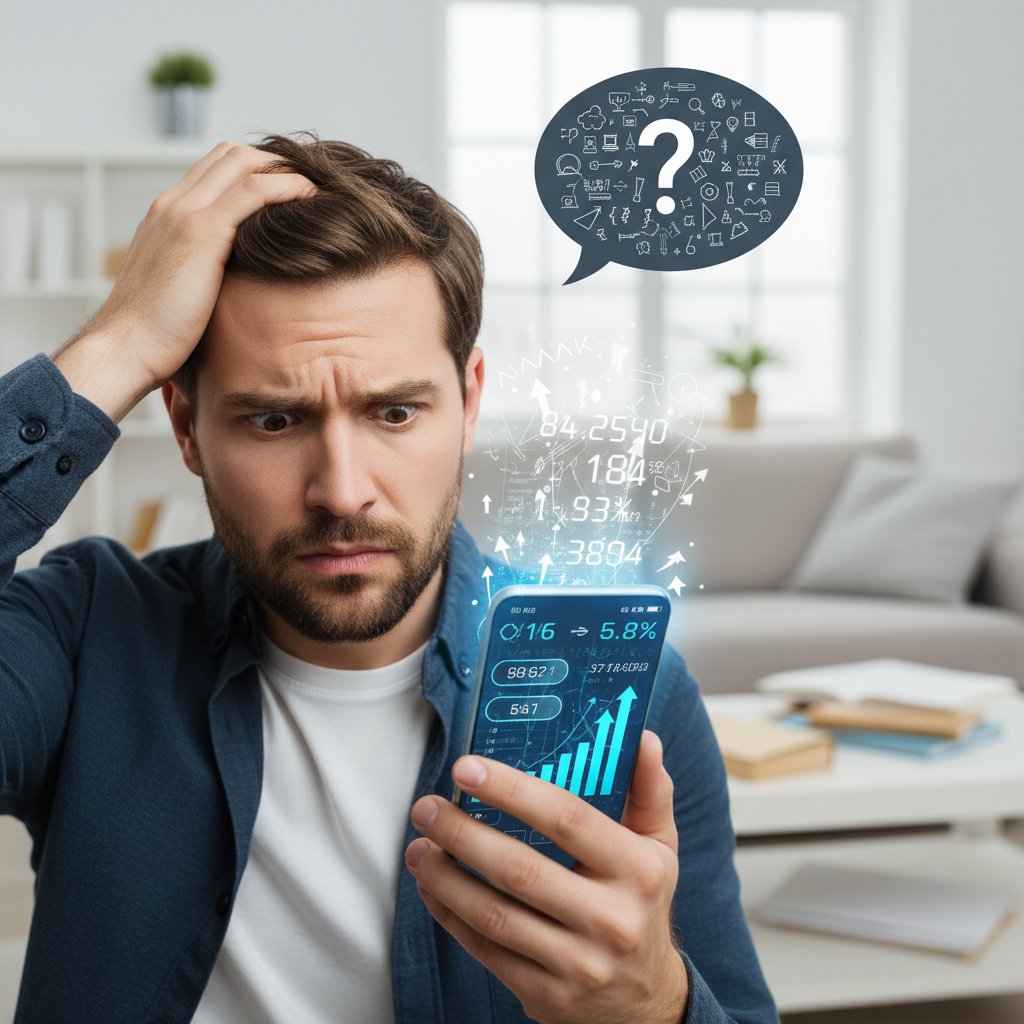 Mężczyzna patrzący na telefon z aplikacją, liczby rosną, ale wyraz twarzy zdezorientowany