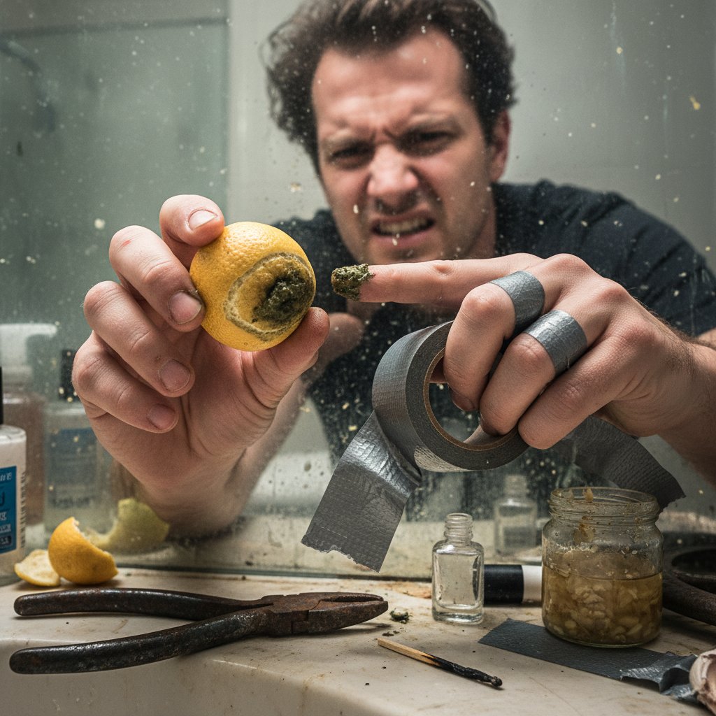 Mężczyzna używający niezalecanych domowych środków na brodawki, frustracja, niebezpieczne praktyki