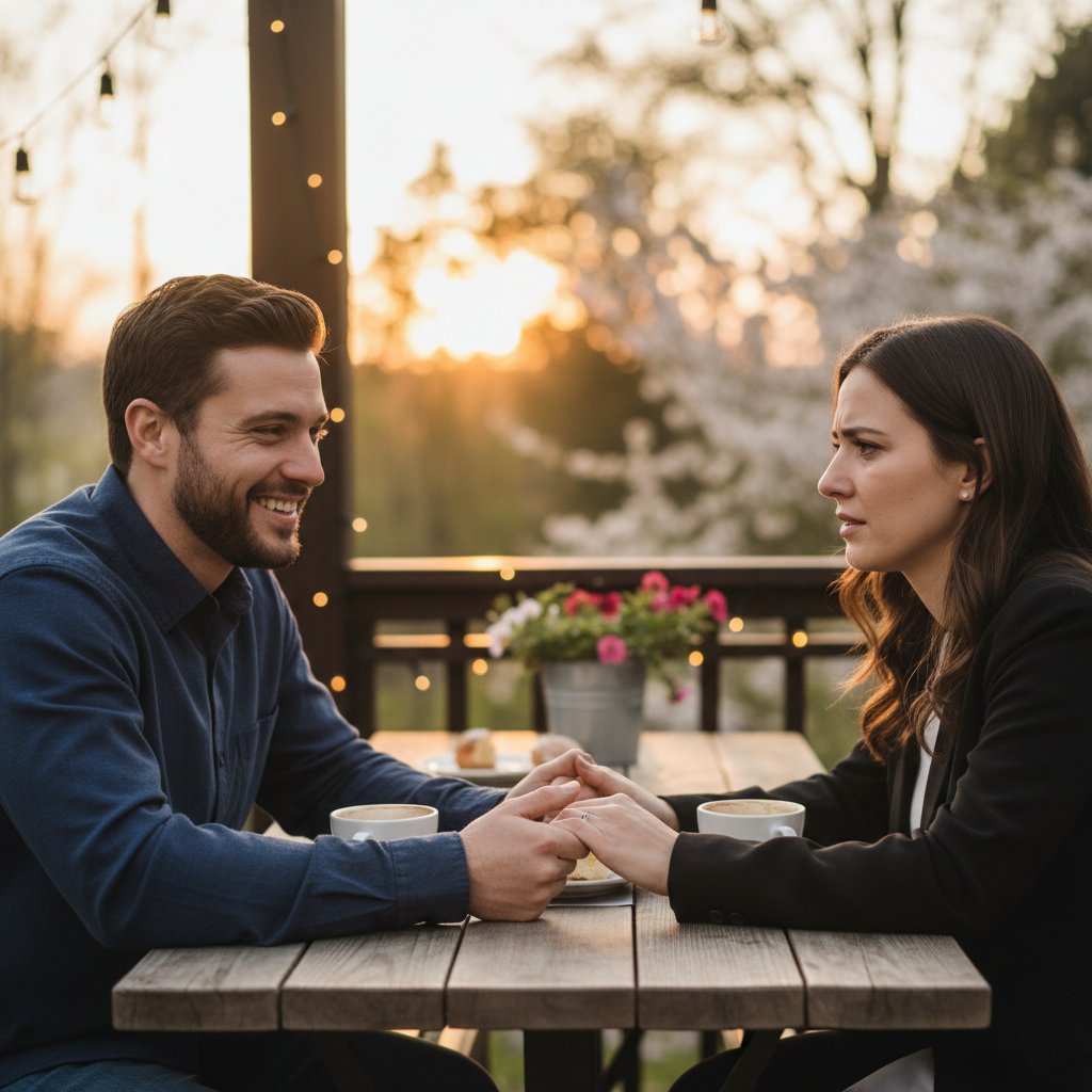 Zdjęcie mężczyzny rozmawiającego szczerze na randce, autentyczność, porady randkowe, emocje