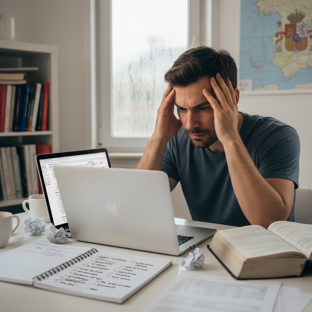 Mężczyzna przy komputerze z rozczarowaną miną, obok notatki i słownik hiszpański