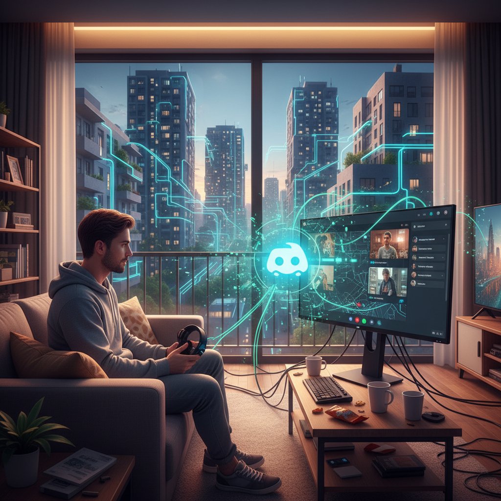 Mężczyzna korzystający z Discorda na komputerze, w tle widoczne osiedle mieszkaniowe, symbolizujący łączenie światów