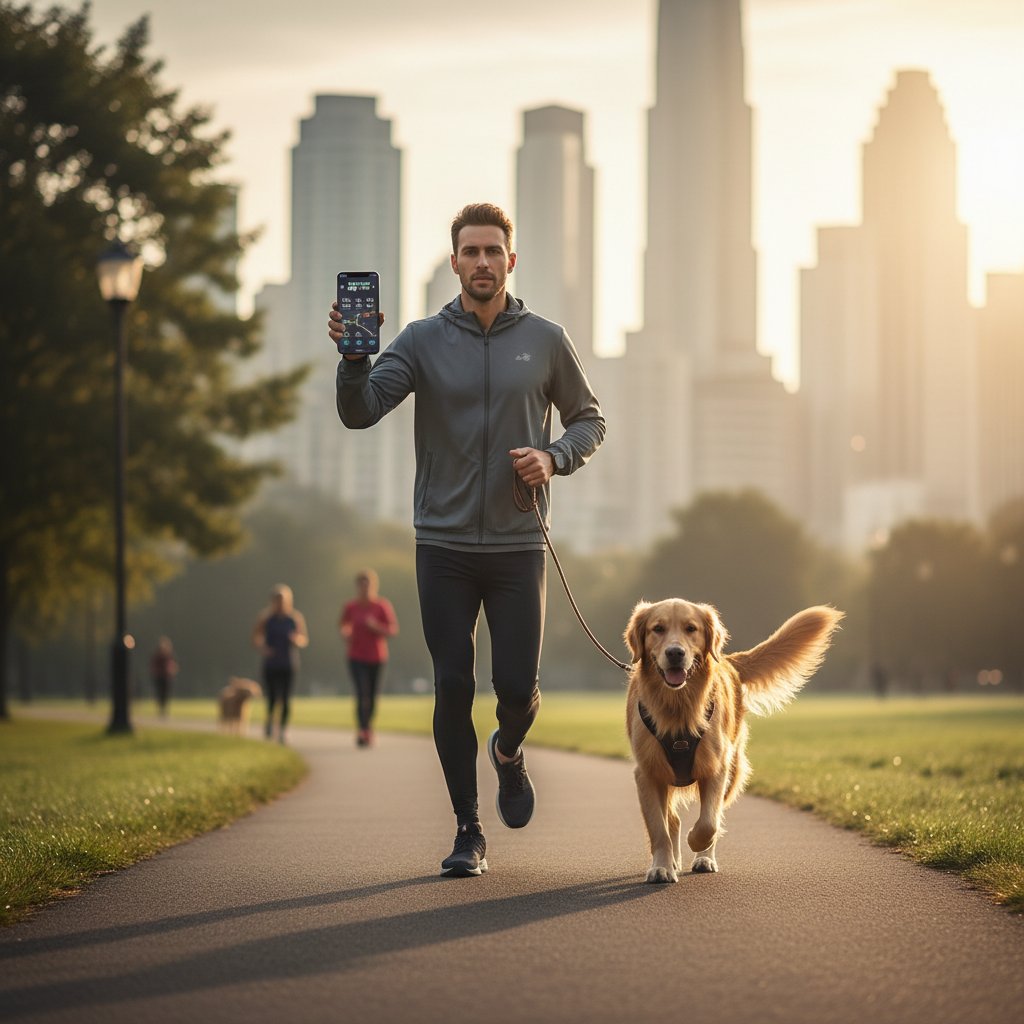 Nowoczesny właściciel psa korzystający z aplikacji treningowej podczas porannego spaceru w centrum miasta