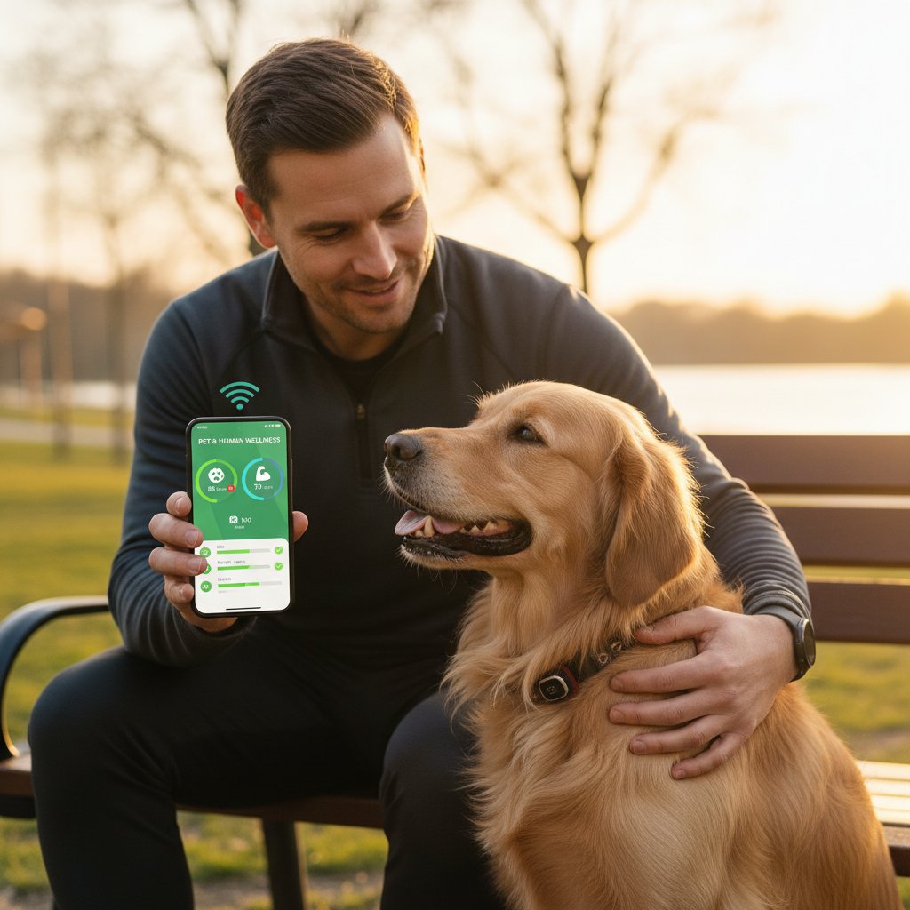 Mężczyzna analizuje aplikację do monitorowania zdrowia psa, opieka nad psem online