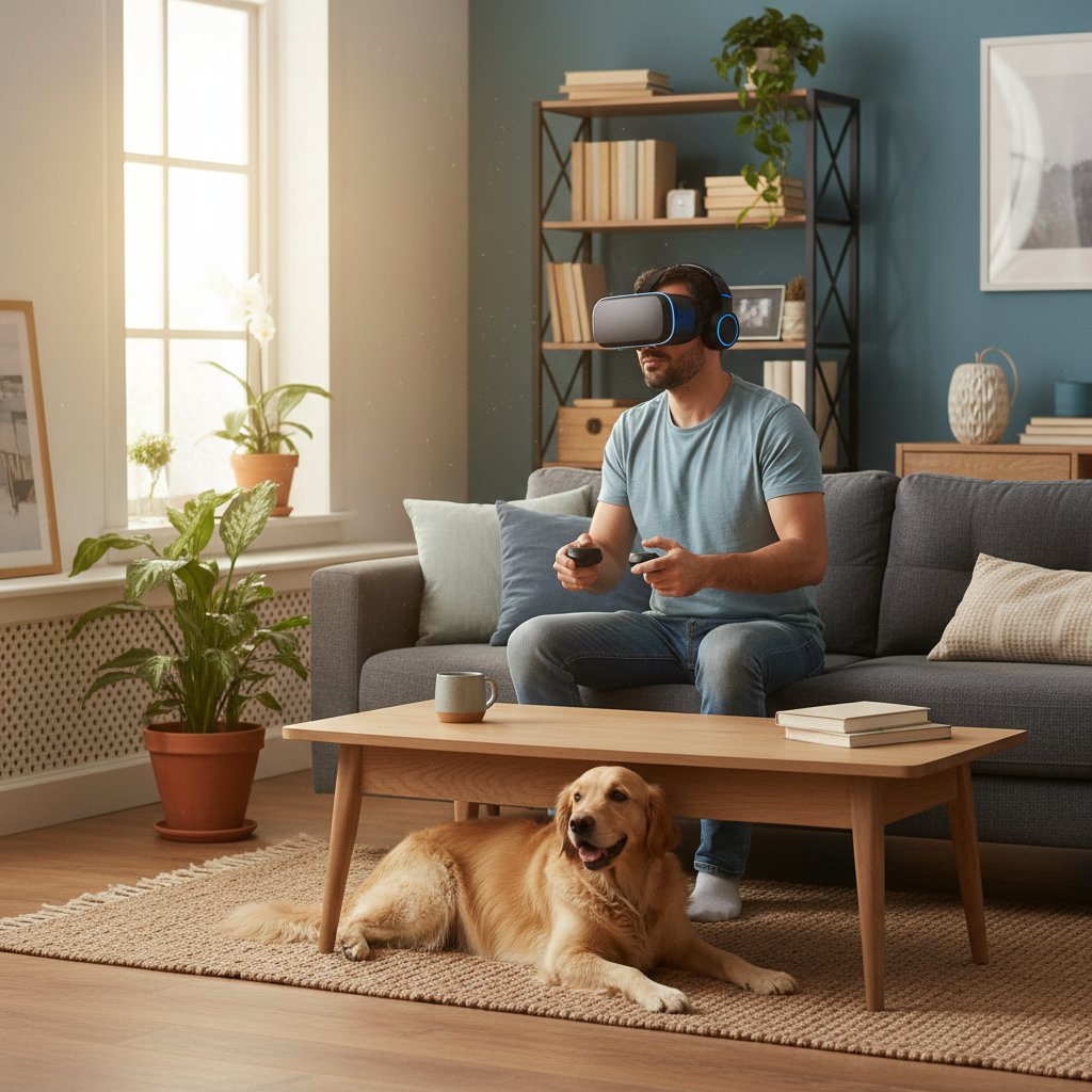 Mężczyzna z psem testujący okulary VR w domowym salonie