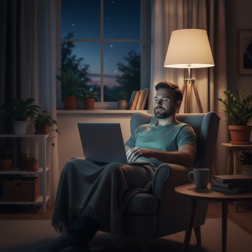 Mężczyzna wieczorem w domu, zamyka laptopa, w tle ciepłe światło, spokojna atmosfera