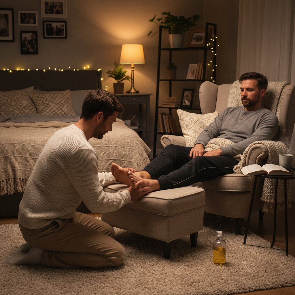 Mężczyzna wykonujący wieczorny masaż nóg przed snem, przytulne domowe wnętrze