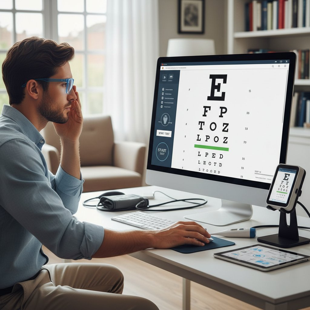 Mężczyzna wykonujący test wzroku online, ekran z wyświetlanymi literami, w tle widoczne urządzenia medyczne