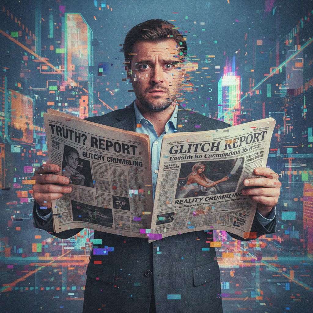 Mężczyzna trzymający w rękach kartki z „fake news”, w tle cyfrowe artefakty – symbol halucynacji AI