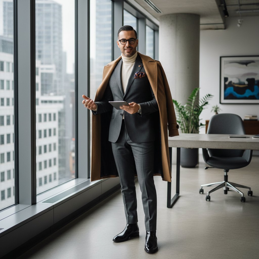 Mężczyzna w modnej stylizacji na tle biurowca, metamorfoza wizerunku, pewność siebie