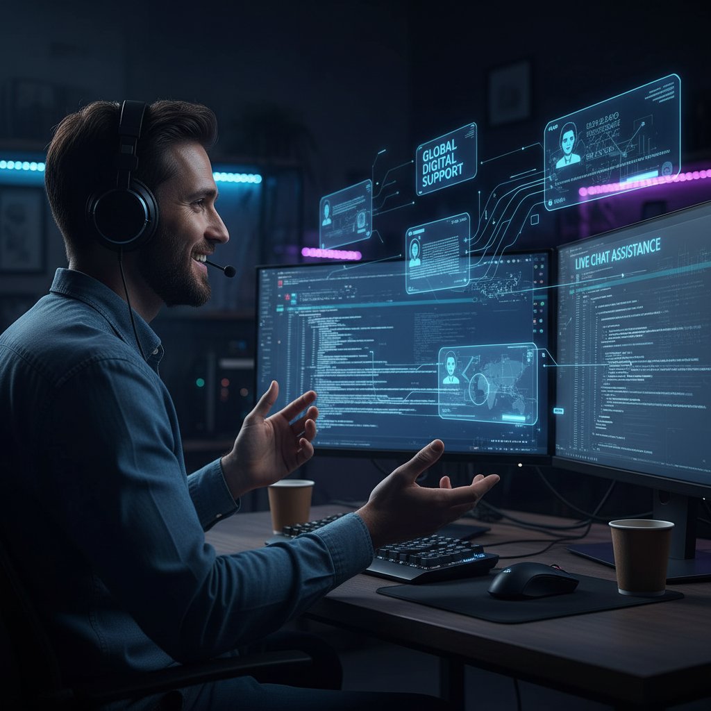 Junger Mann mit Kopfhörern beim Chatten, Bildschirmlicht im Dunkeln, Fokus auf digitale Hilfe