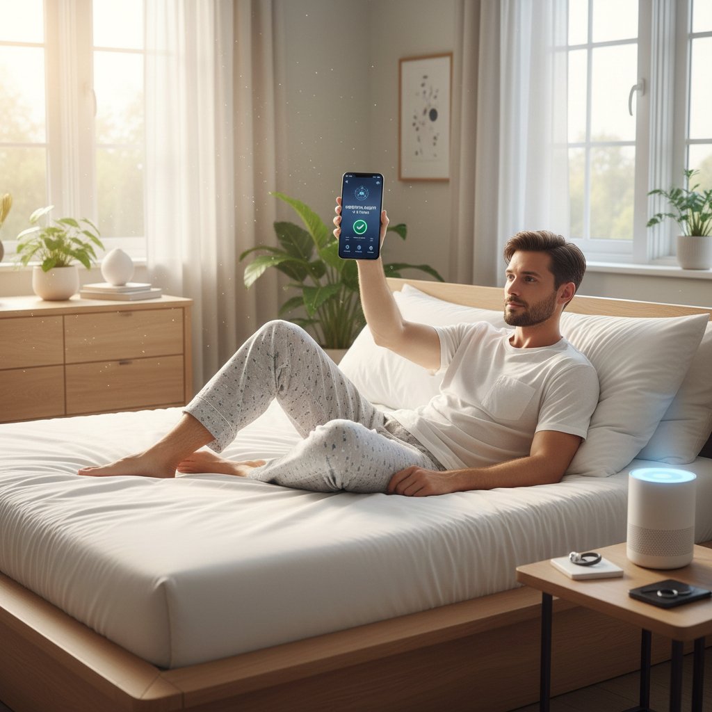 Mężczyzna trzyma smartfon z aplikacją fitness w jasnej sypialni – nowoczesne narzędzia do poprawy snu