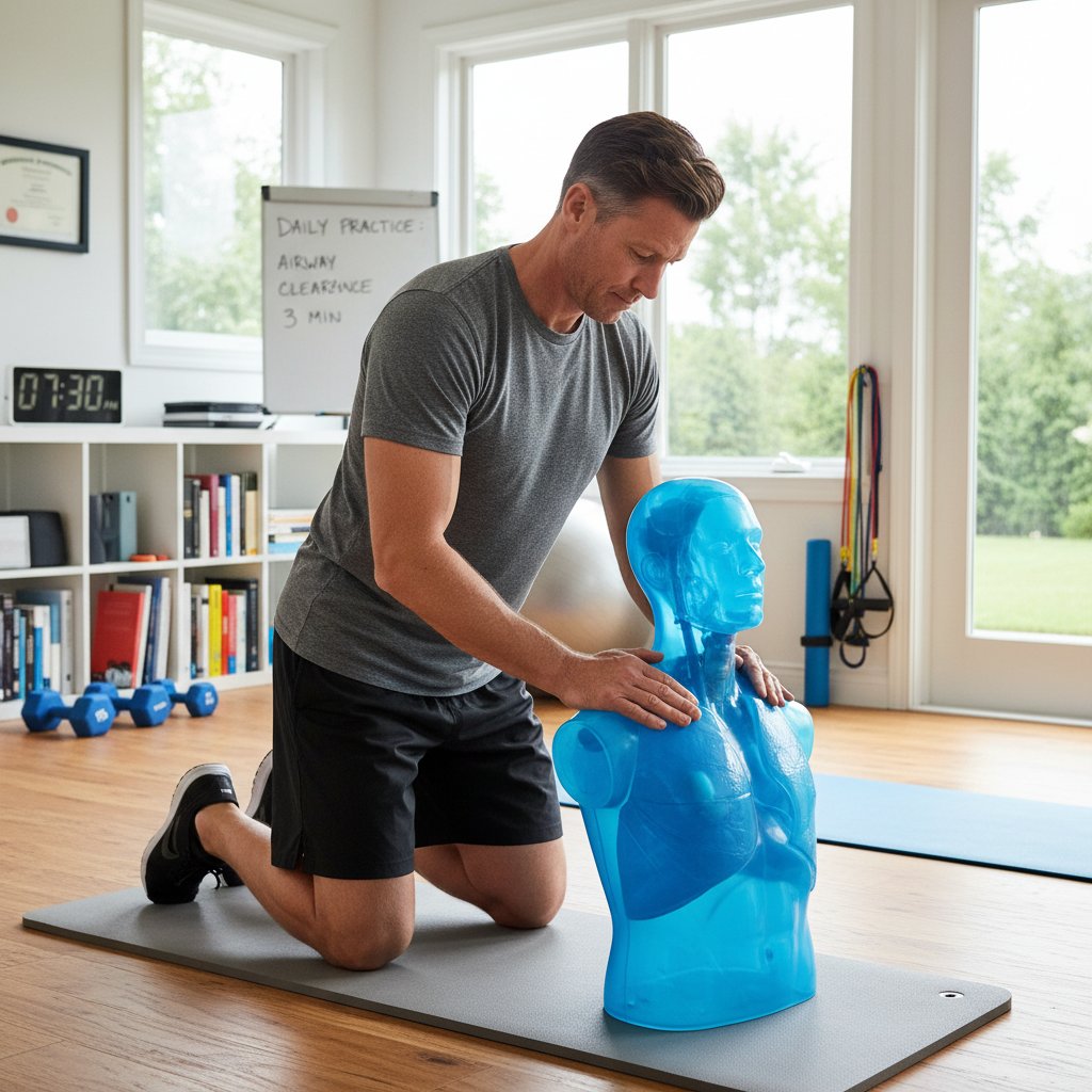 Mężczyzna trenuje udrażnianie dróg oddechowych na manekinie w domowym zaciszu, nauka przez praktykę