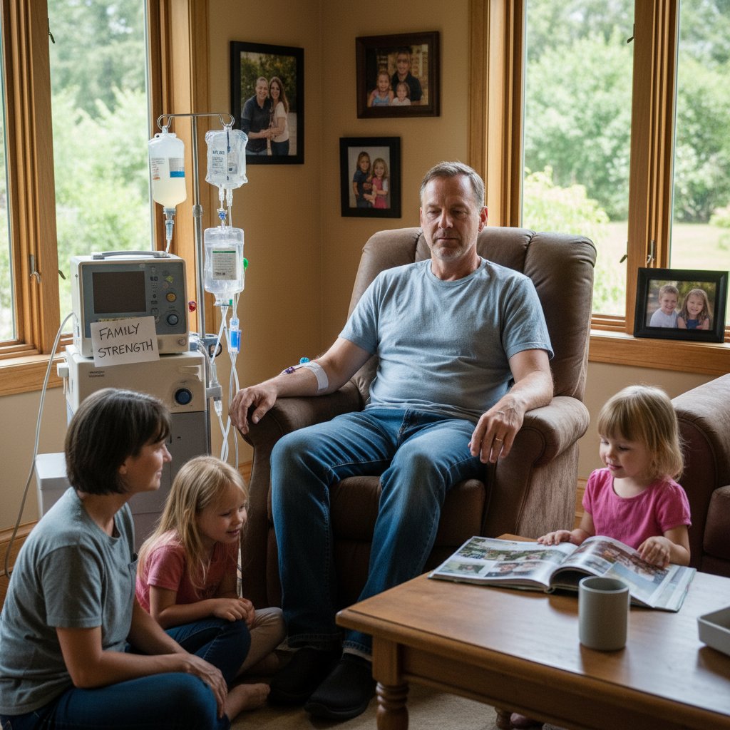 Mężczyzna siedzący przy aparacie do dializy domowej, w tle rodzinne zdjęcia, wyraz determinacji