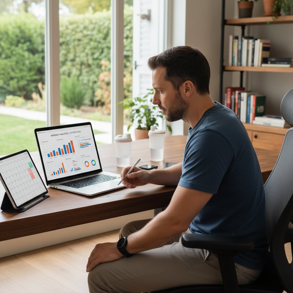 Mężczyzna analizuje wyniki treningów na ekranie laptopa, tło domowe biuro