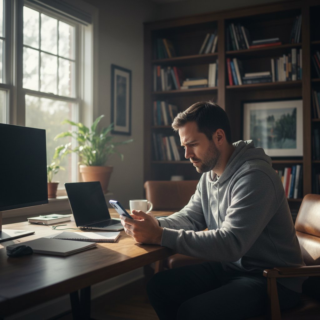 Mężczyzna korzystający z aplikacji zdrowotnej na smartfonie, skupiona twarz, domowe biuro, popołudnie
