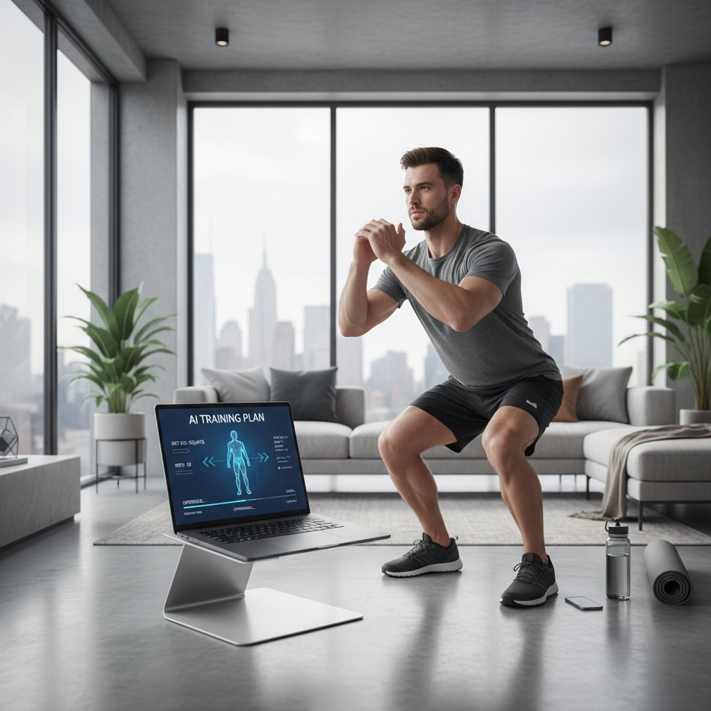 Mężczyzna korzystający z laptopa podczas domowego treningu, wyświetlający spersonalizowany plan AI