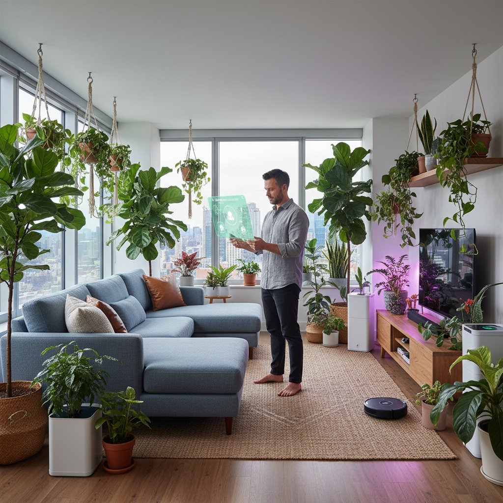Mężczyzna z dumą prezentuje domową dżunglę stworzoną wg zaleceń AI. Nowoczesny dobór roślin, czat.ai.