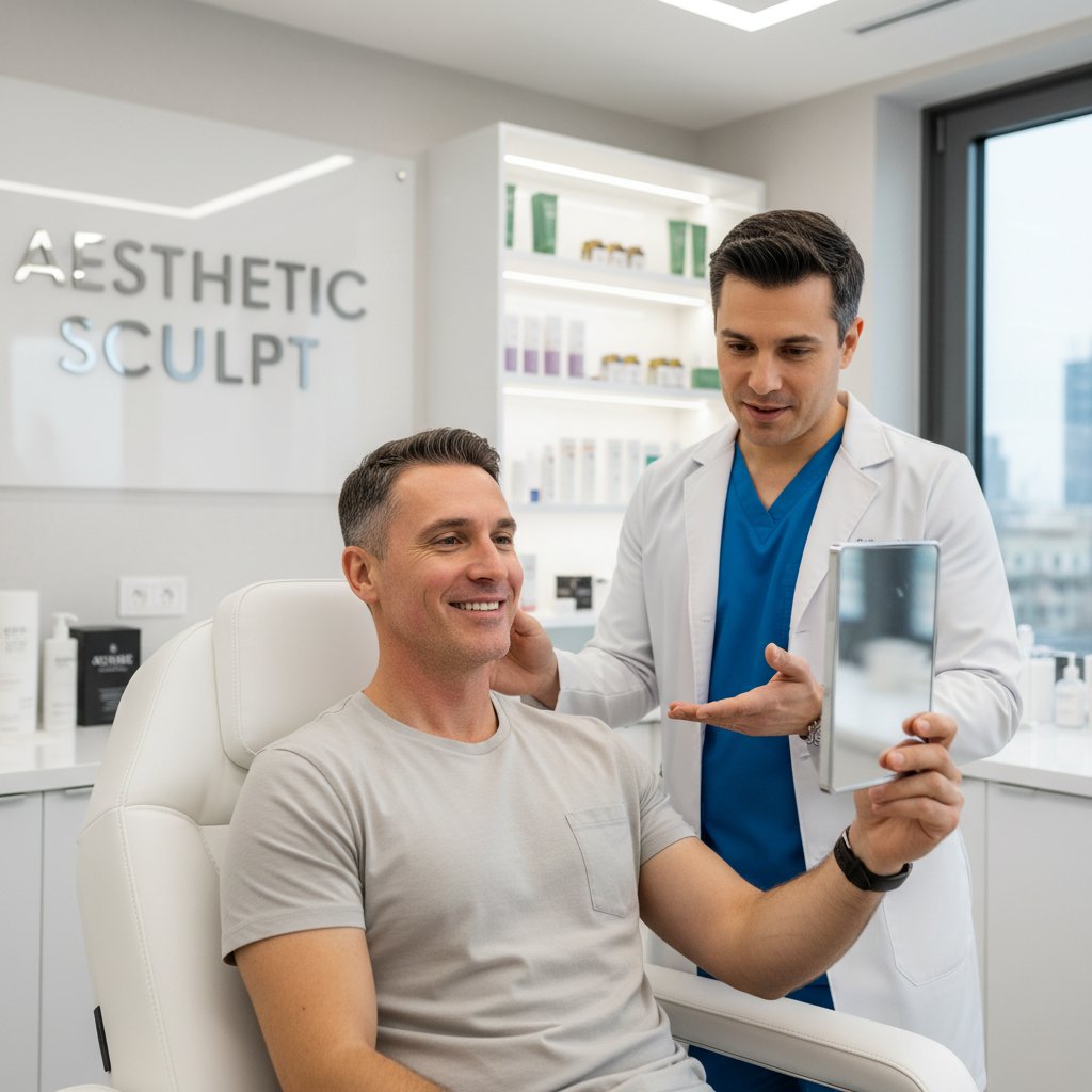 Mężczyzna po zabiegu modelowania żuchwy w nowoczesnym gabinecie