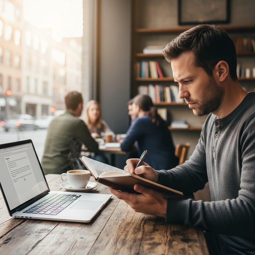 Zdjęcie mężczyzny notującego w dzienniku, otoczonego kubkiem kawy i laptopem – praktyczna strategia radzenia sobie z trudnościami