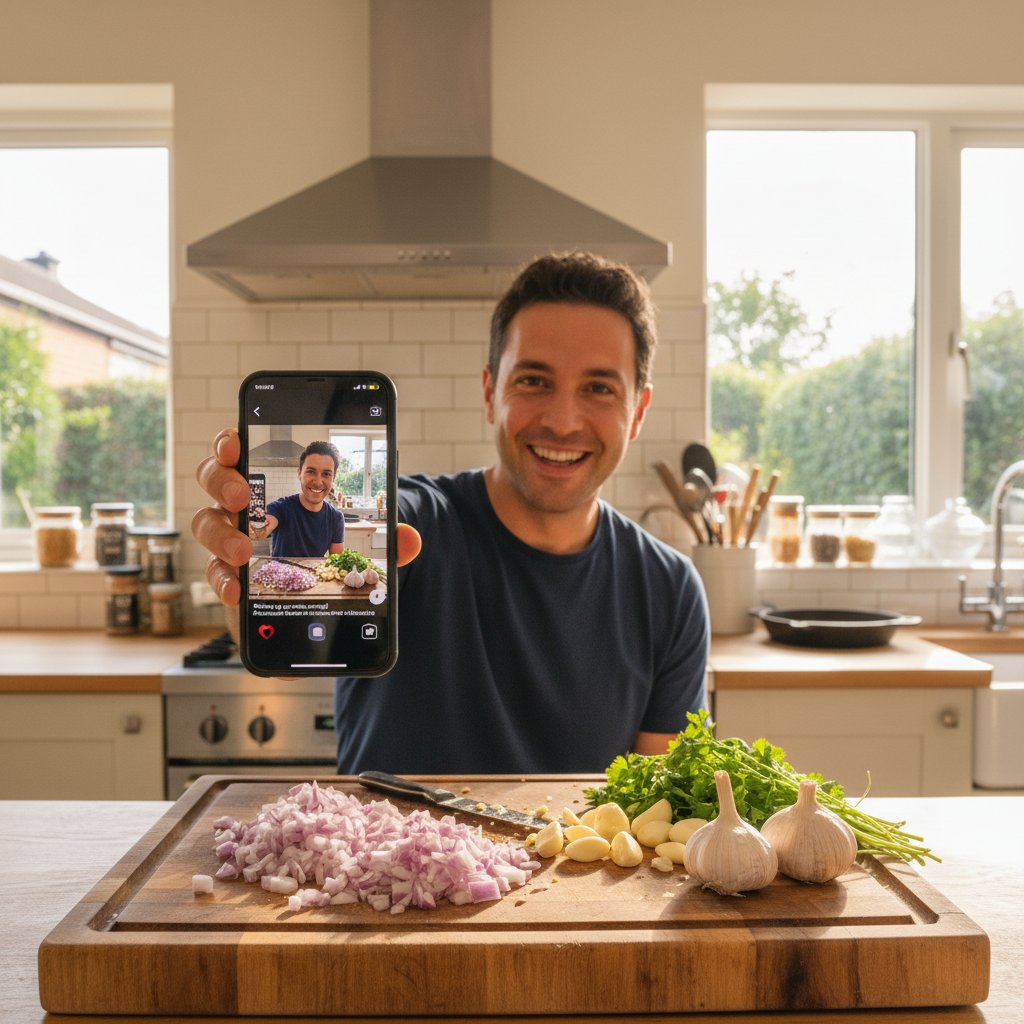Mężczyzna czytający viralowy post na telefonie, w tle kuchnia z cebulą i czosnkiem