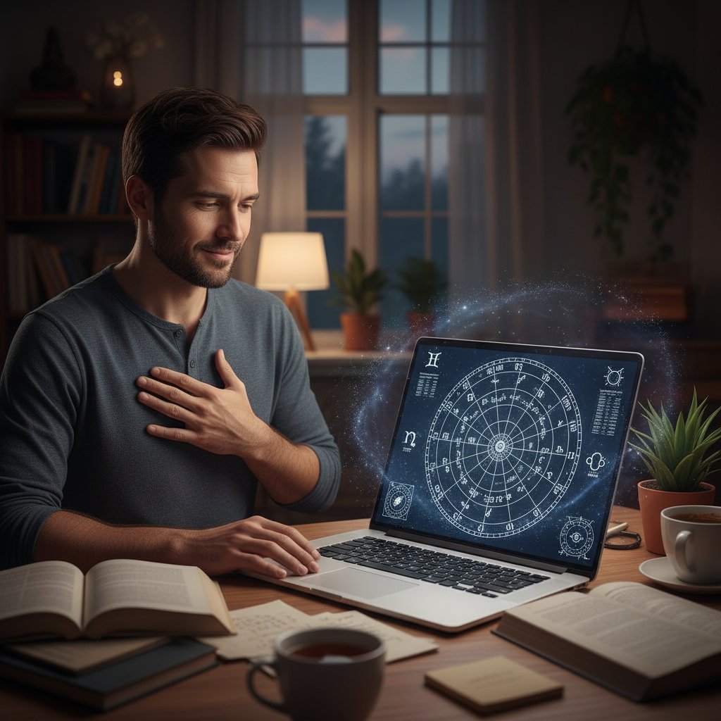 Mężczyzna analizujący wykres urodzeniowy na ekranie laptopa, z lekkim uśmiechem ulgi