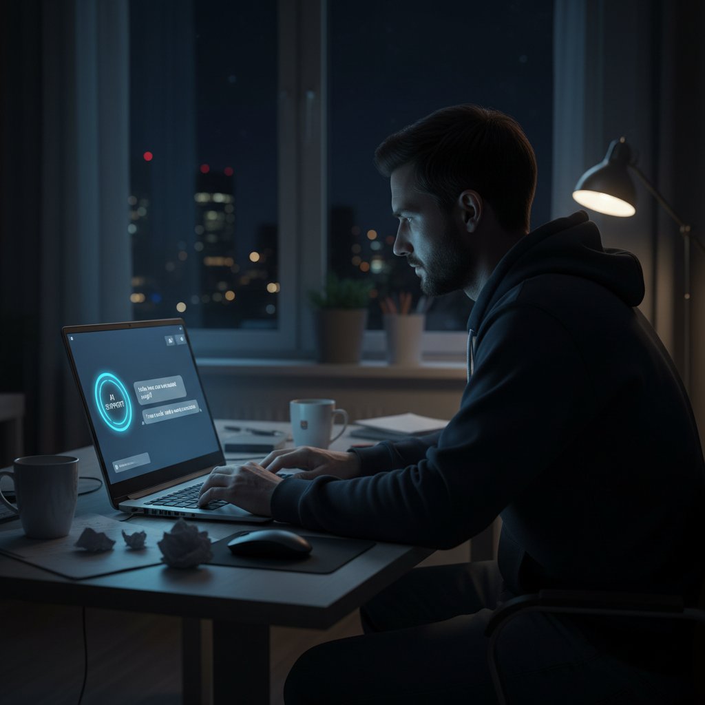 Mężczyzna patrzy w ekran laptopa, na którym widać czat z aplikacją wsparcia AI