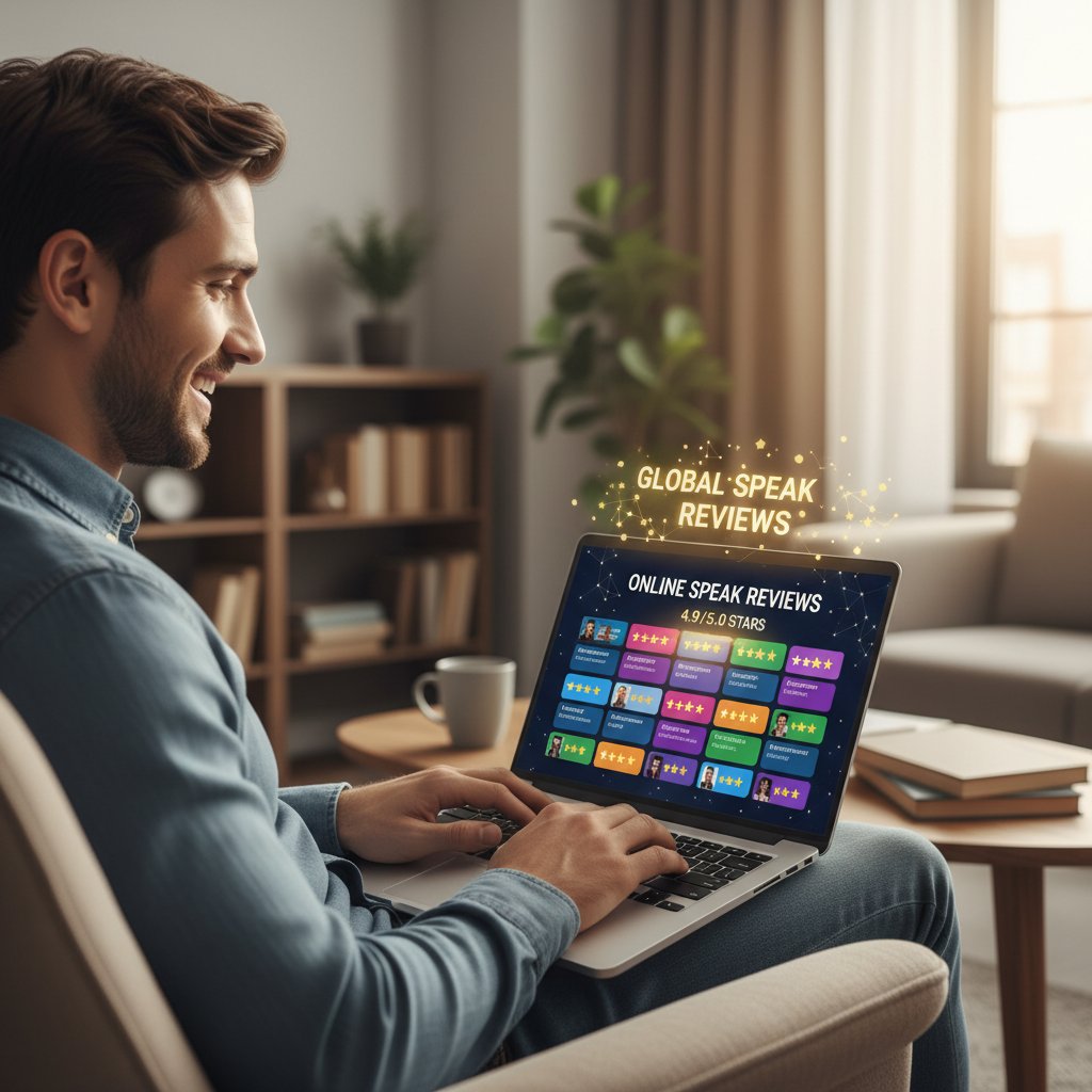 Mężczyzna analizuje recenzje na laptopie, na ekranie gwiazdki ocen, atmosfera skupienia