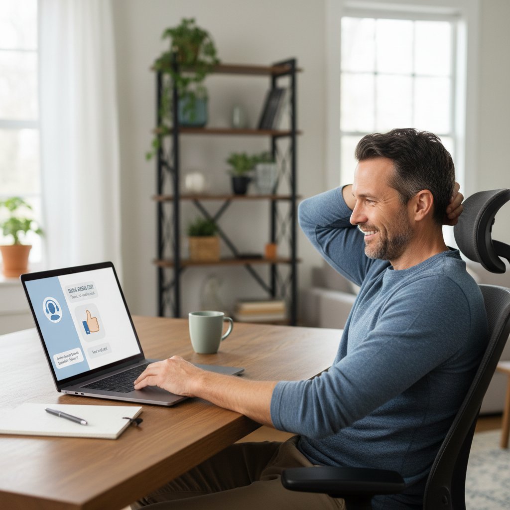 Mężczyzna korzystający z laptopa, z widocznym zadowoleniem po rozmowie online