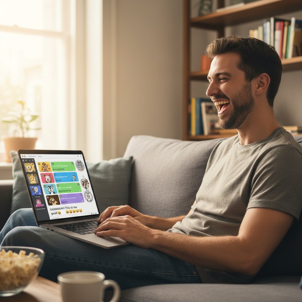 Mężczyzna wysyła GIF-y podczas rozmowy online, śmiejąc się przed ekranem laptopa