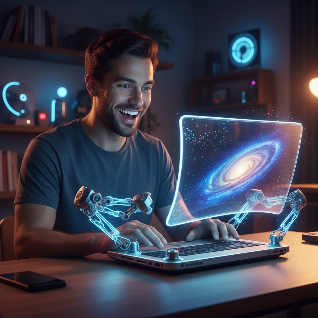 Mężczyzna siedzący przy laptopie, zamyślony i uśmiechnięty, symbolizujący przemianę po ważnej rozmowie