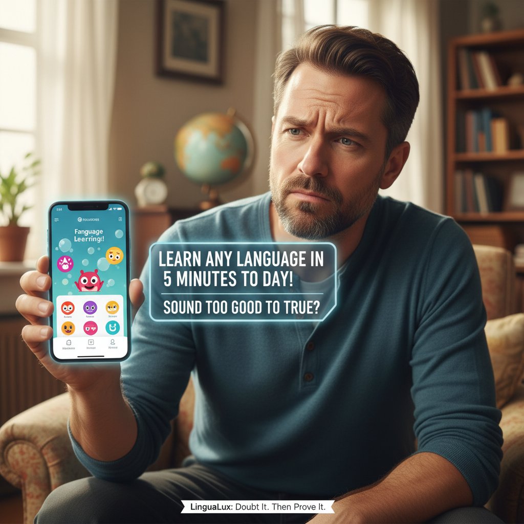 Mężczyzna patrzy sceptycznie na ekran z reklamą aplikacji do nauki angielskiego, atmosfera nieufności