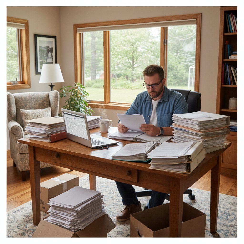 Mężczyzna przegląda dokumentację medyczną w domu – symbol kontroli nad leczeniem