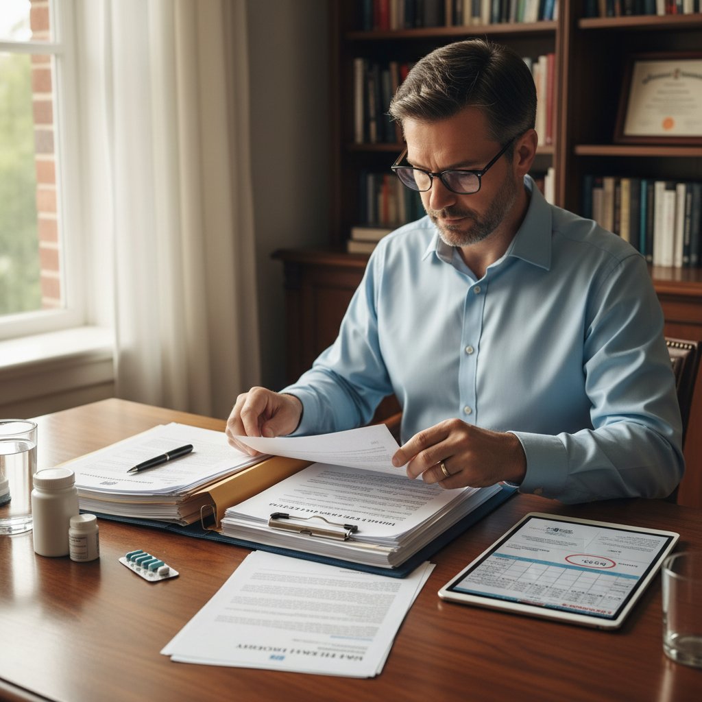Mężczyzna z dokumentacją medyczną, przygotowujący się do wizyty u urologa