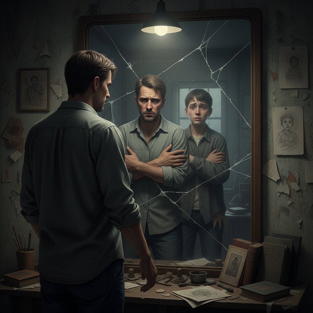 Mężczyzna patrzący w lustro z podwójnym odbiciem, symbolizującym walkę z własnym ja i niepewnością