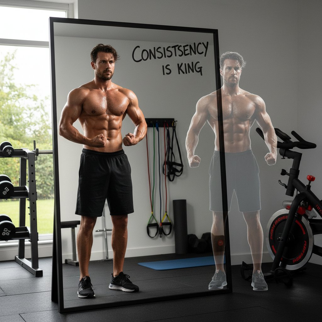 Motywacja do samodzielnego treningu fitness, młody mężczyzna patrzy w lustro po treningu domowym