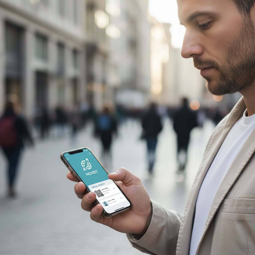 Mężczyzna korzystający z aplikacji mObywatel na smartfonie, cyfrowy dowód, nowoczesny styl