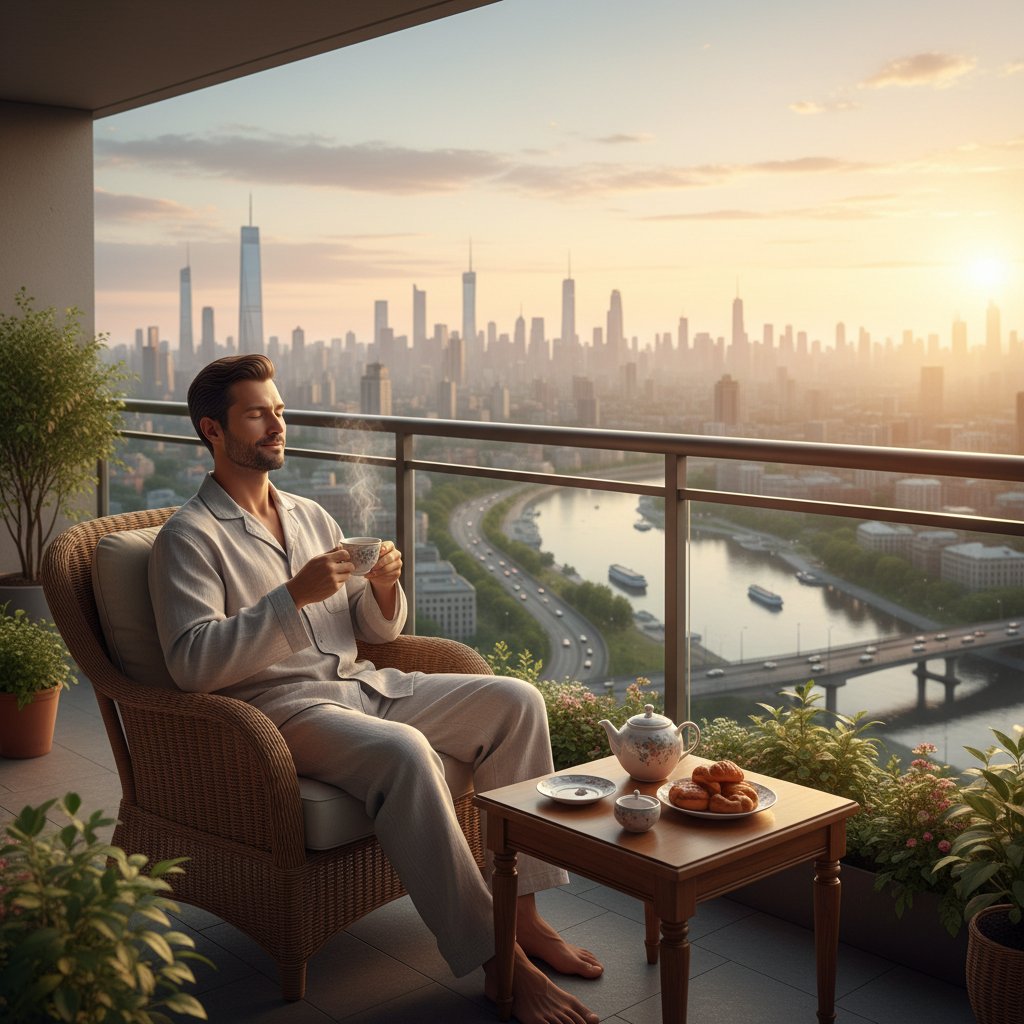 Mężczyzna pijący herbatę na balkonie o poranku, spokojny wyraz twarzy, widok na miasto – codzienne rytuały relaksacyjne.