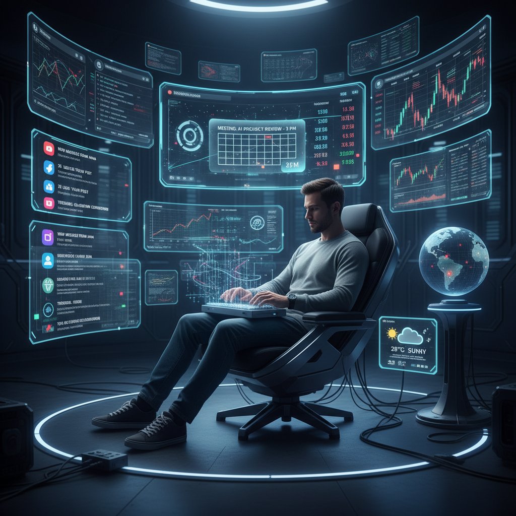 Mężczyzna korzystający z wielu ekranów, otoczony liczbami i powiadomieniami, manipulujący widocznością online