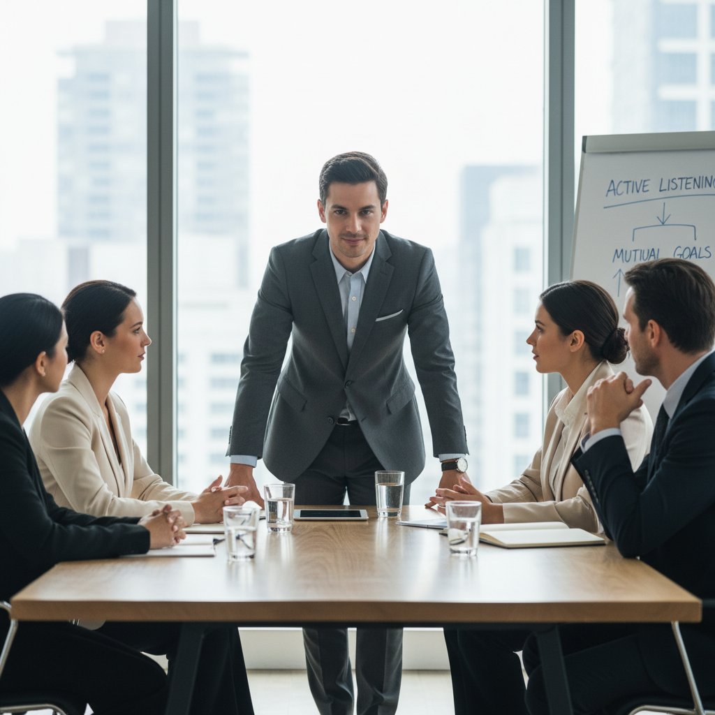 Mężczyzna w biurze, spokojnie rozmawiający z przełożonym, gestykulacja – przykład asertywnej komunikacji