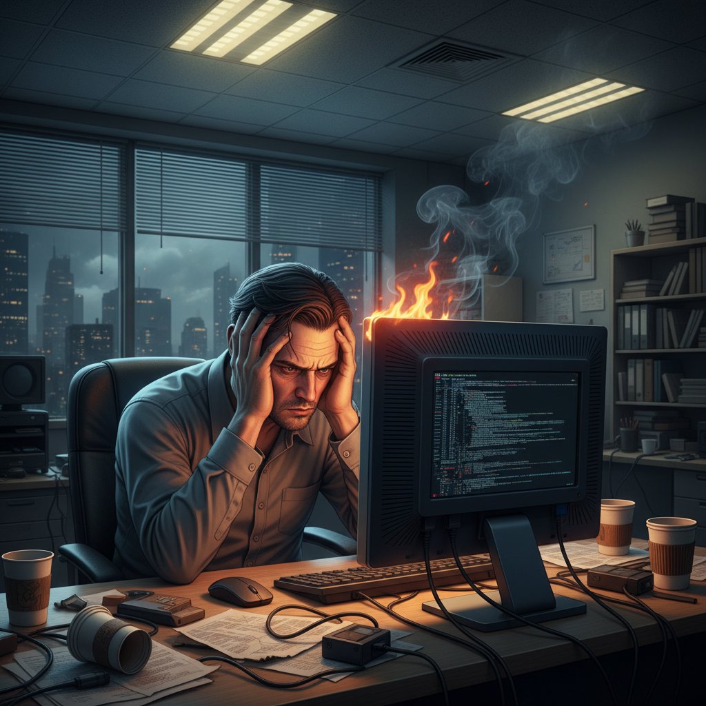 Mężczyzna w biurze siedzący z głową w dłoniach przy komputerze, symbolizujący wypalenie zawodowe