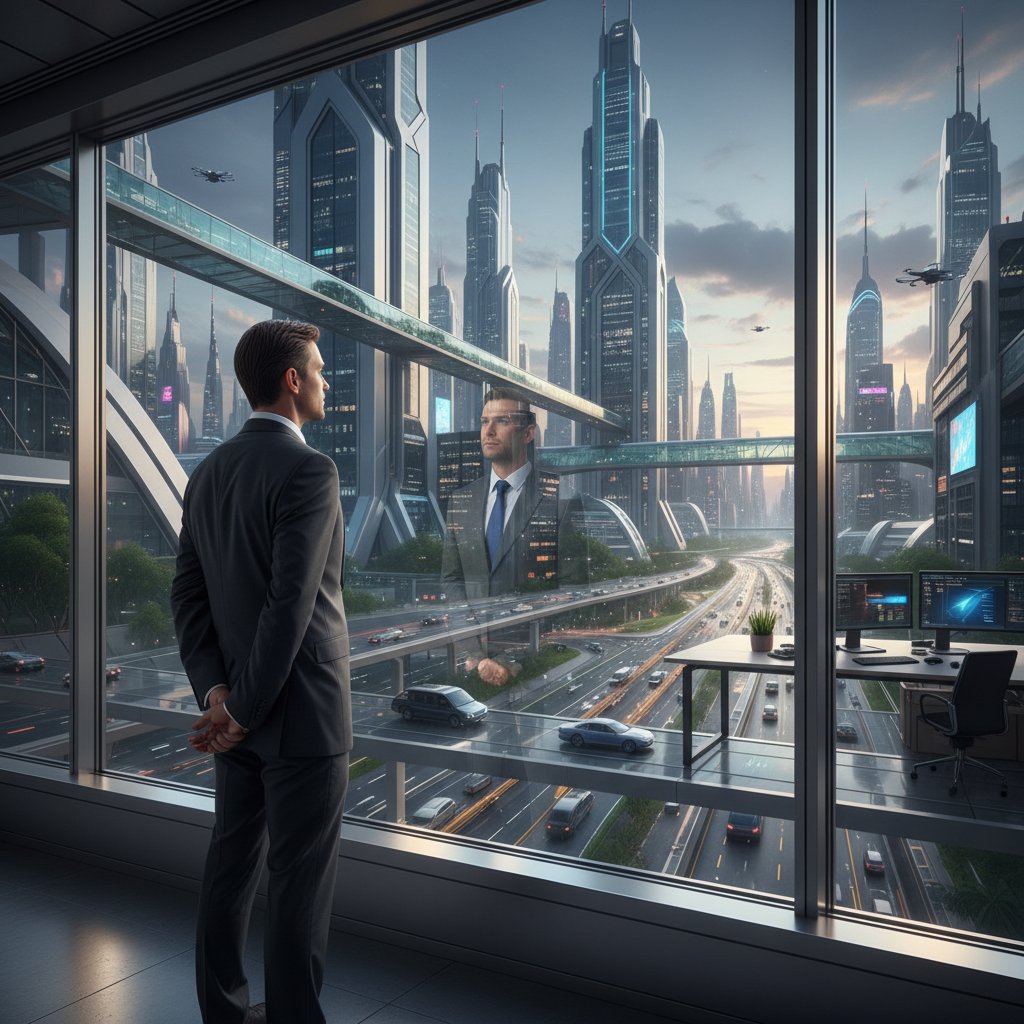 Mężczyzna patrzący przez okno biura na zautomatyzowane miasto, refleksja nad przyszłością, automatyzacja a filozofia pracy