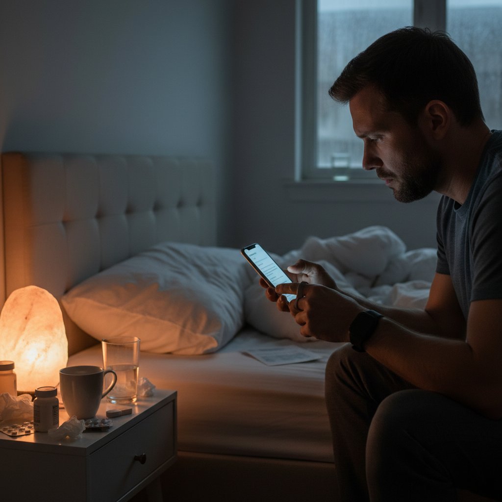 Mężczyzna patrzy z niepokojem na ekran telefonu, czytając błędne porady zdrowotne, światło lampy nocnej, domowe wnętrze