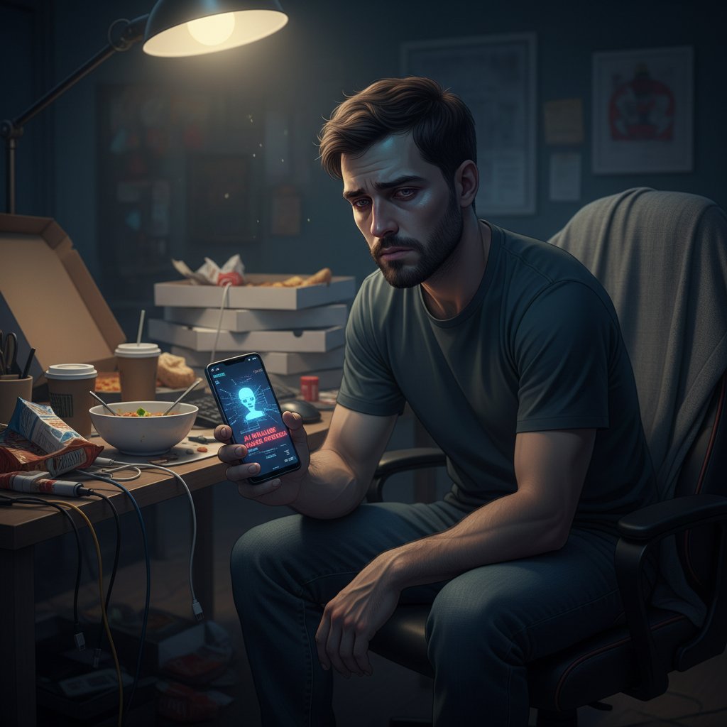 Mężczyzna z telefonem, zmęczony, przygnębiony, samotność – AI nie daje wsparcia, porażka technologii