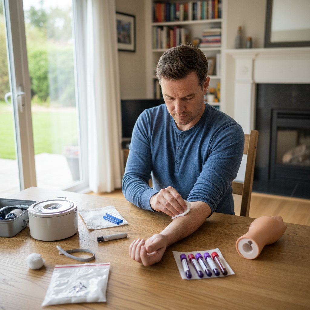 Mężczyzna przygotowujący się do samodzielnego badania INR w domu