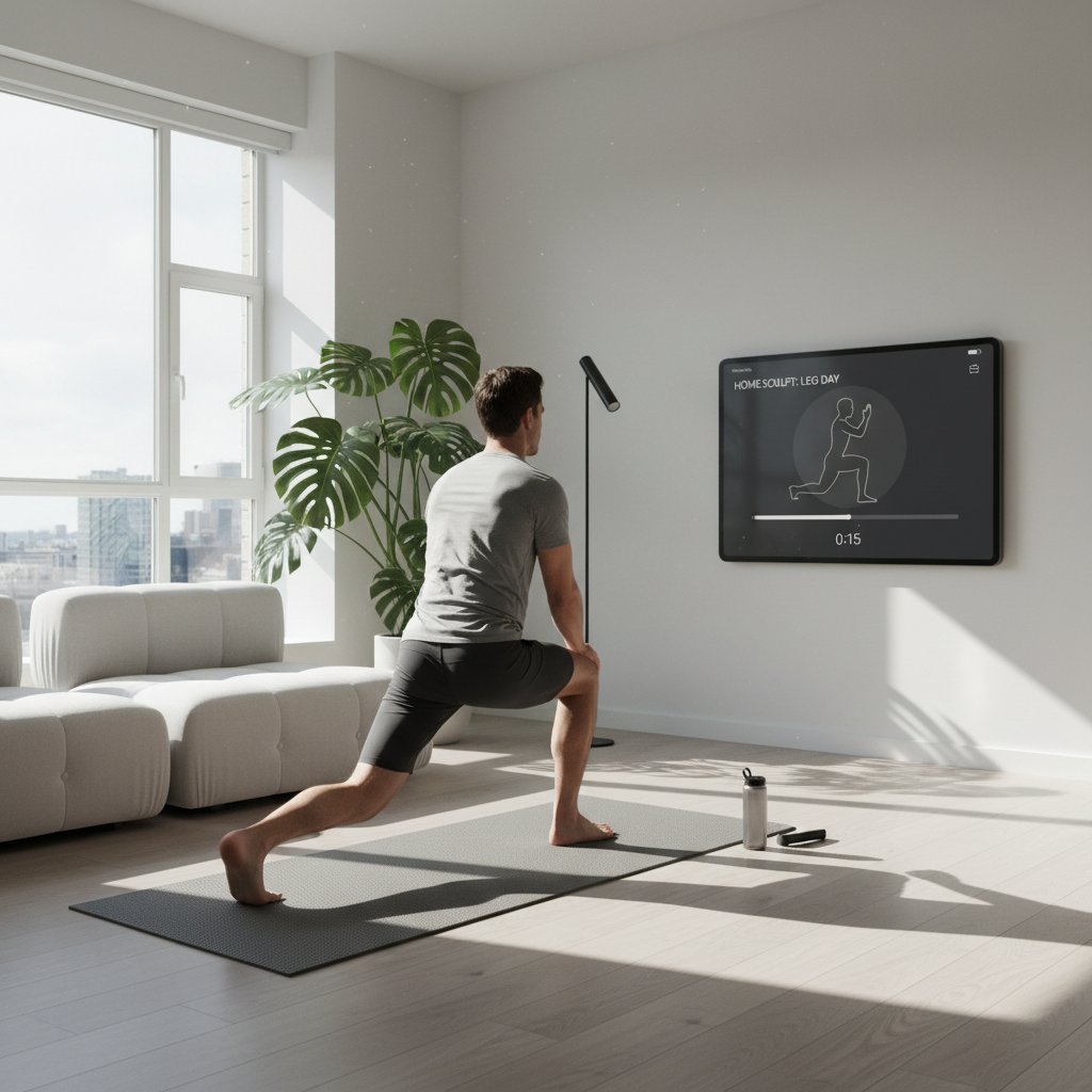 Mężczyzna przygotowuje się do domowego treningu z aplikacją na smartfonie, minimalistyczne wnętrze