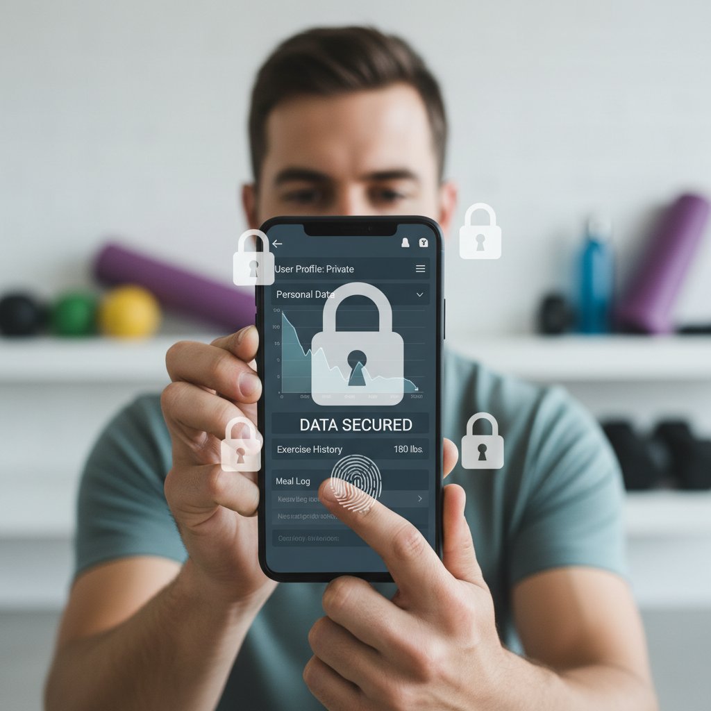 Mężczyzna patrzący podejrzliwie na smartfon z aplikacją do kontroli wagi, w tle ikony zamków symbolizujące prywatność